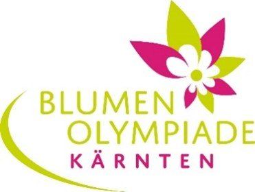 Das Logo für Blumen Olympiade Karnten zeigt eine Blume mit rosa Blütenblättern, grünen Blättern und einem weißen Zentrum, umgeben von einem grünen Umriss und platziert über dem Text 'BLumen OLympiaDe KaRNten'.