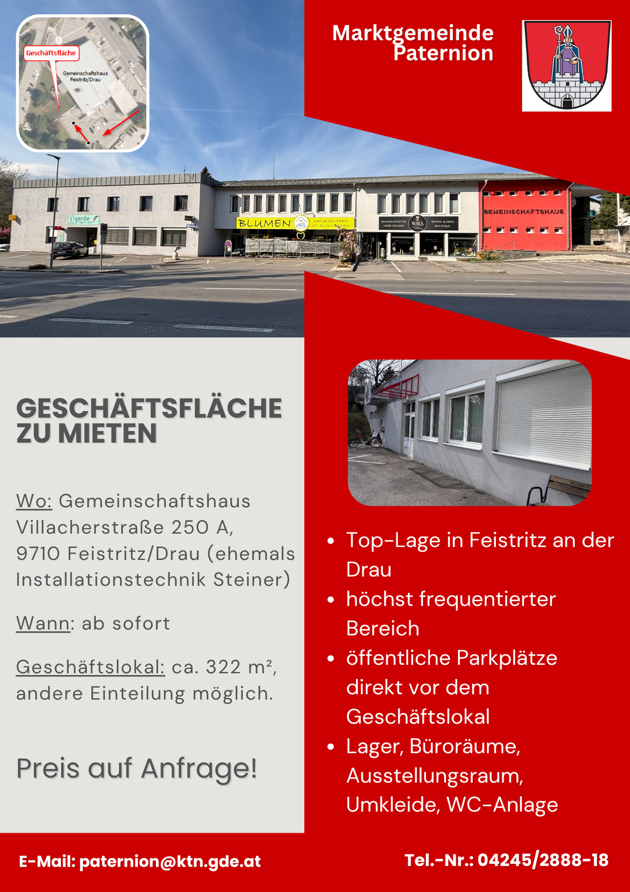 Ein Gemeinschaftshaus steht in Villacherstraße 250 A, 9710 Feistritz/Drau zur Miete. Geschäftsräume können sofort gemietet werden. Geschäftsräume: ca. 322 m2, andere Einteilung möglich.