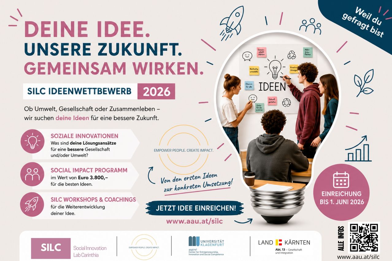 Ein Infografik für ein Social-Impact-Programm 2026. Gruppe von Studenten, die an einer Tafel mit Haftnotizen arbeiten. Eine Glühbirne und ein Raketenstart im Hintergrund.