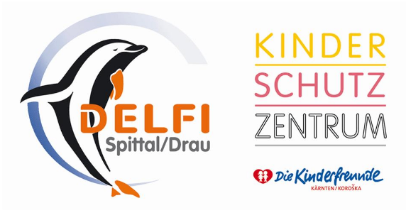 Bild mit zwei Logos: das erste zeigt einen stilisierten Delfin, beschriftet mit 'DELFI Spittal/Drau', und das zweite mit 'KINDER SCHUTZ ZENTRUM', zusammen mit einem roten Herzen und 'Die Kinderfreunde' Text.