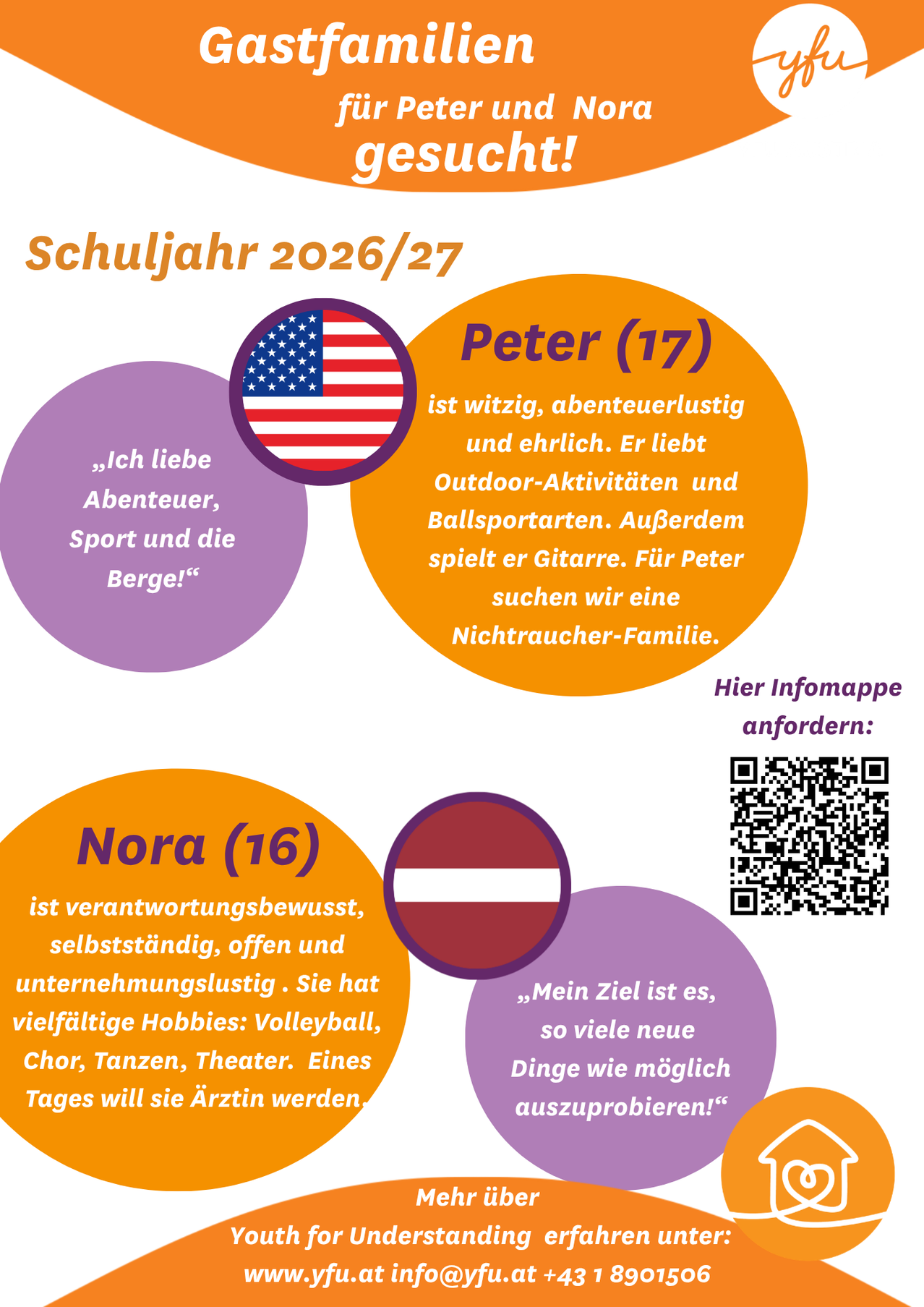 The school year 2026/27 poster features Peter, age 17, who is witty, adventurous, and honest. He enjoys outdoor activities, ball sports, and playing the guitar. Nora, age 16, is responsible, independent, open, and enjoys various hobbies. She aims to try as many new things as possible. A QR code is provided for more information.