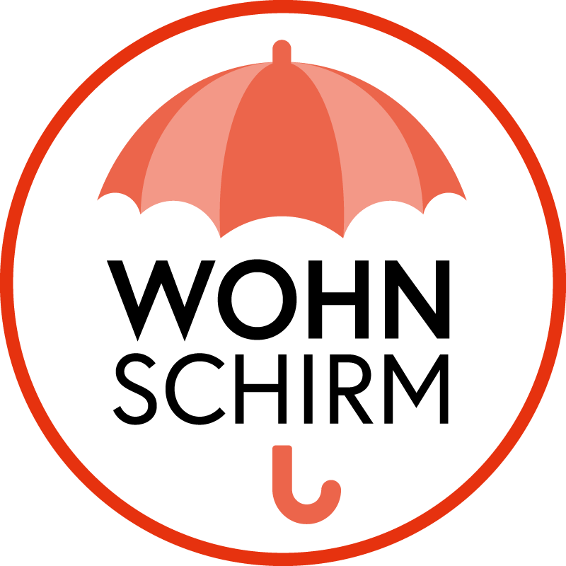 The circular logo has an orange umbrella over the word 'WOHNSCHIRM' written in black. The logo is on a black background.