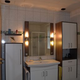 A bathroom with tiled walls, a sink with a mirror above it, wooden cabinets, and a shower stall. There are bottles on a shelf, a picture frame, and lamps on the wall.