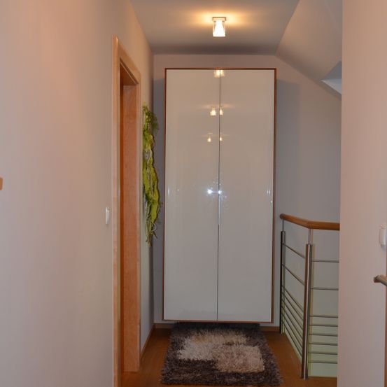 Ein Flur mit einem weißen Schrank und einem Teppich. Eine grüne Pflanze hängt an der Wand neben der Tür. Eine Metallbrüstung befindet sich auf der rechten Seite.