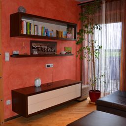 A modern living room with orange walls, featuring shelves with books and a picture frame, a wooden cabinet with drawers, and a tall potted plant.