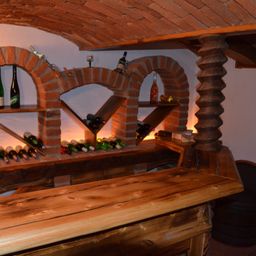 A wine cellar with brick arches and wooden shelves. Various bottles are displayed, with some on the shelves and others on the floor. There is a wooden bar counter and a spiral wooden pillar.
