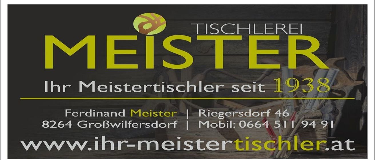 A banner for Tischle Meister, a carpentry service. The name and contact information are displayed, along with a logo.