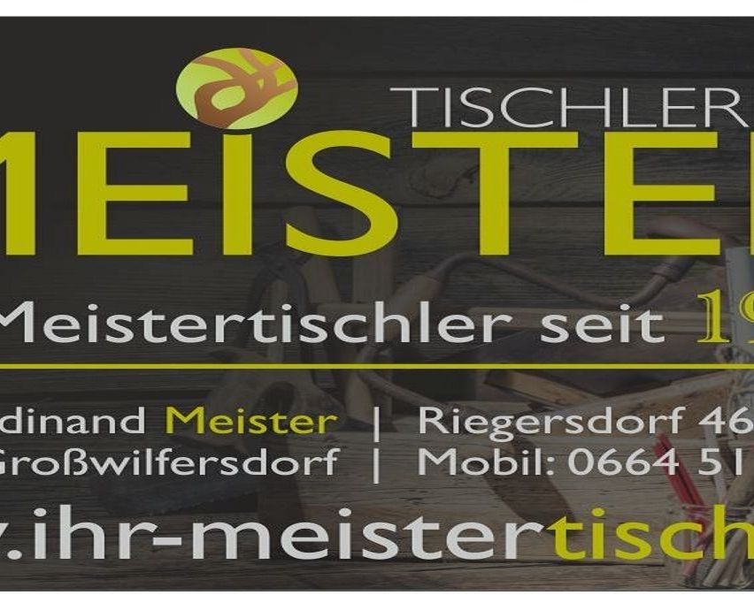 Ein Banner für Tischle Meister, ein Zimmermannsdienst. Der Name und die Kontaktdaten werden angezeigt, zusammen mit einem Logo.