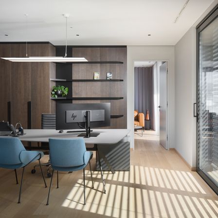 A modern office features a desk with a computer monitor, two blue chairs, and a wooden floor. On the left, a cabinet with shelves holds various items. Sunlight streams through the glass door.