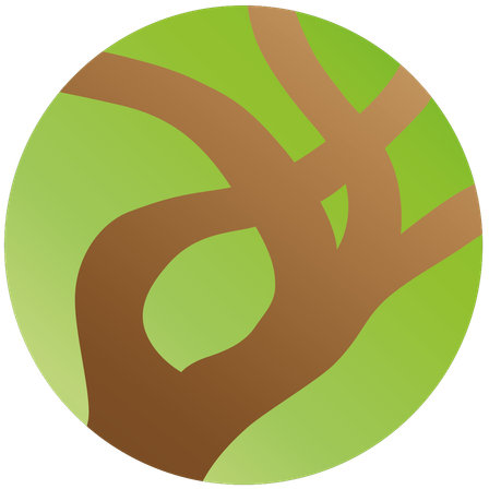 Circular image with a green background featuring a brown abstract tree branch design.