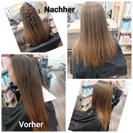 Vor- und Nachaufnahmen eines Frauenhaars in einem Salon. Das obere Bild zeigt sie mit einer Zöpfe, das untere mit glattem Haar.