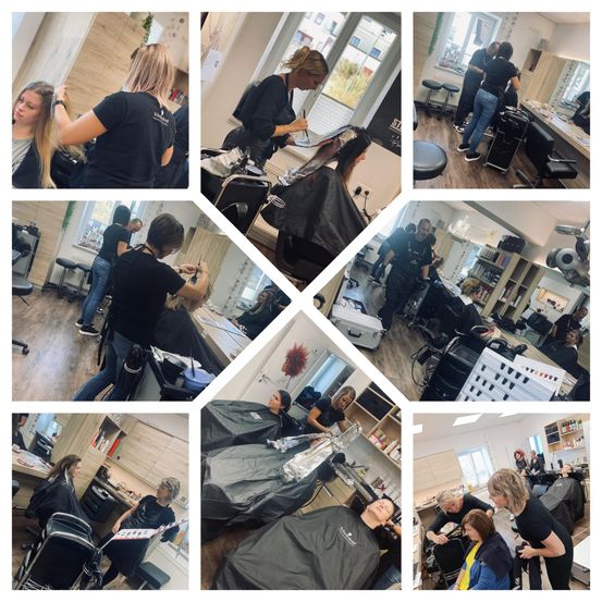 Eine Collage von Bildern, die verschiedene Friseuraktivitäten in einem Salon zeigt. Frauen sind beim Schneiden, Färben und Stylen von Haaren zu sehen.