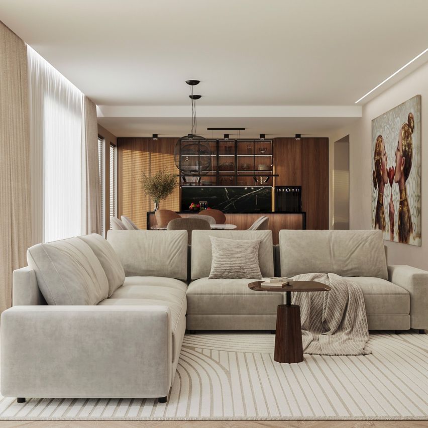 Bild enthält, Home Decor, Indoors, Interior Design, Furniture, Living Room, Couch, Cushion, Rug, Chair, Table