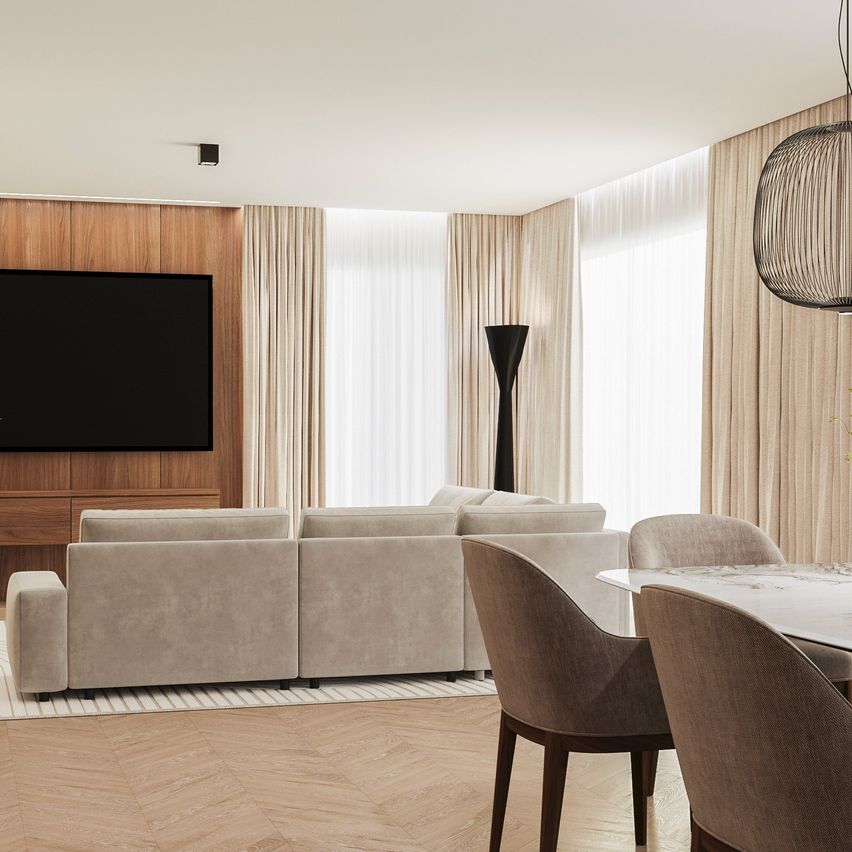 Bild enthält, Indoors, Interior Design, Living Room, Home Decor, Chair, Wood Panels, Plant, Table, Couch, Monitor