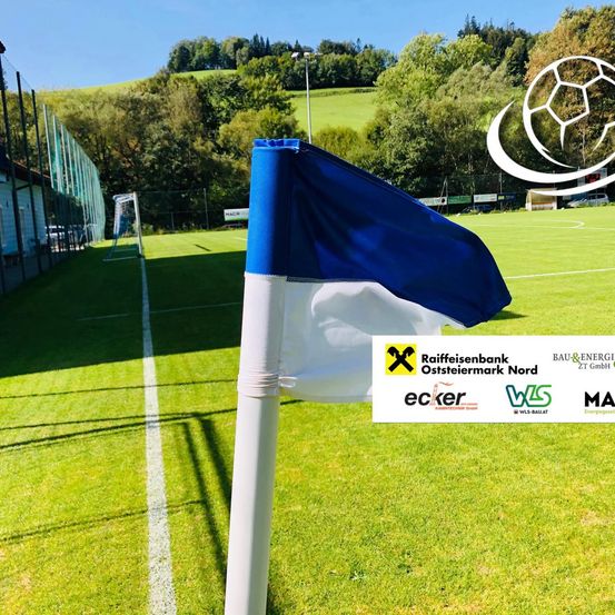 Ein Fußballfeld mit einer blau-weißen Flagge auf einem weißen Pfosten, umgeben von grünem Rasen und einer weißen Linie. Im Hintergrund befinden sich ein Fußballlogo, Bäume und ein Gebäude.