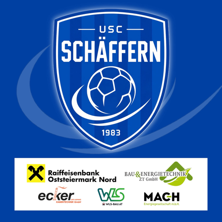 Ein blaues Fußballvereinslogo mit dem Namen USC SCHAFFERN, gegründet 1983, mit einem Fußball und Sponsorenlogos darunter.