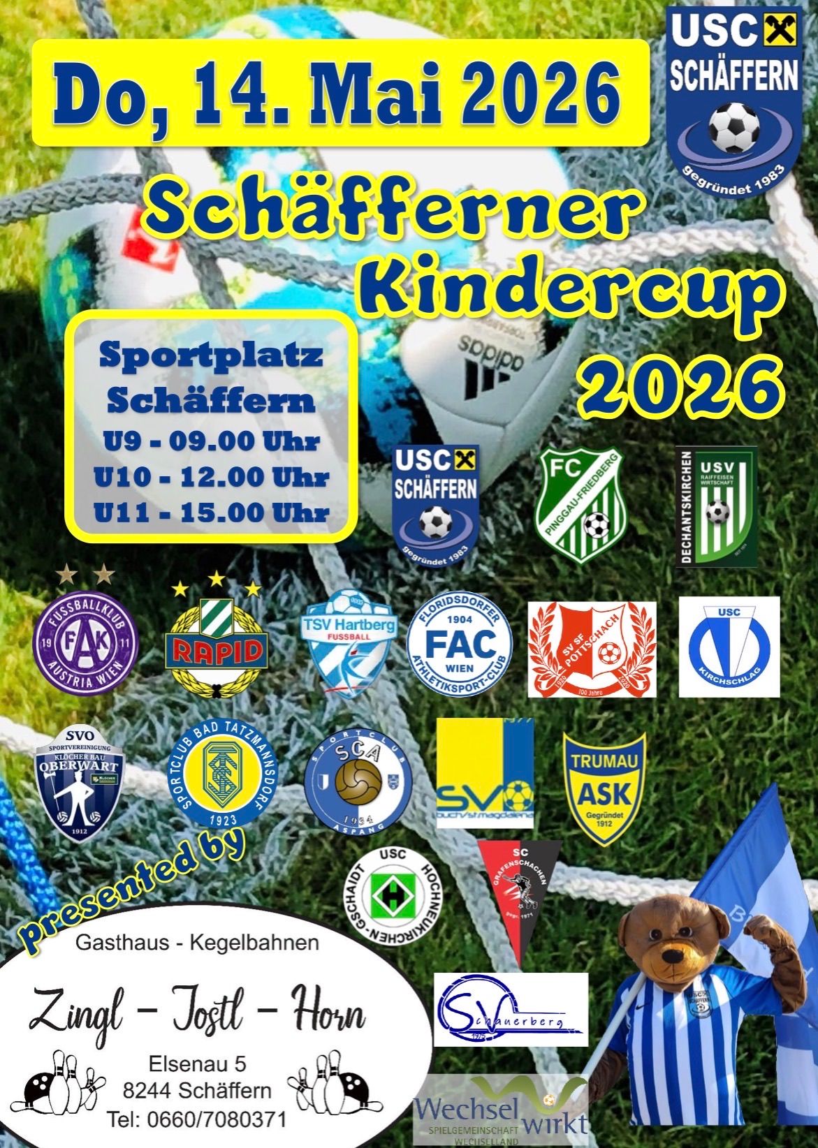 Ein Plakat für den Schafferner Kindercup 2026 zeigt Logos von Fußballmannschaften, Spielzeiten und einen Fußball. Die Veranstaltung findet im Sportplatz Schaffern statt.
