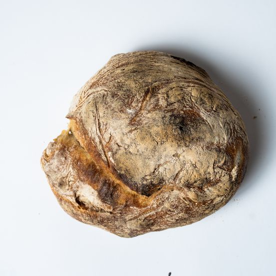 Ein runder Laib rustikales Brot mit einer leicht angebrannten Oberseite, auf einer weißen Oberfläche platziert.