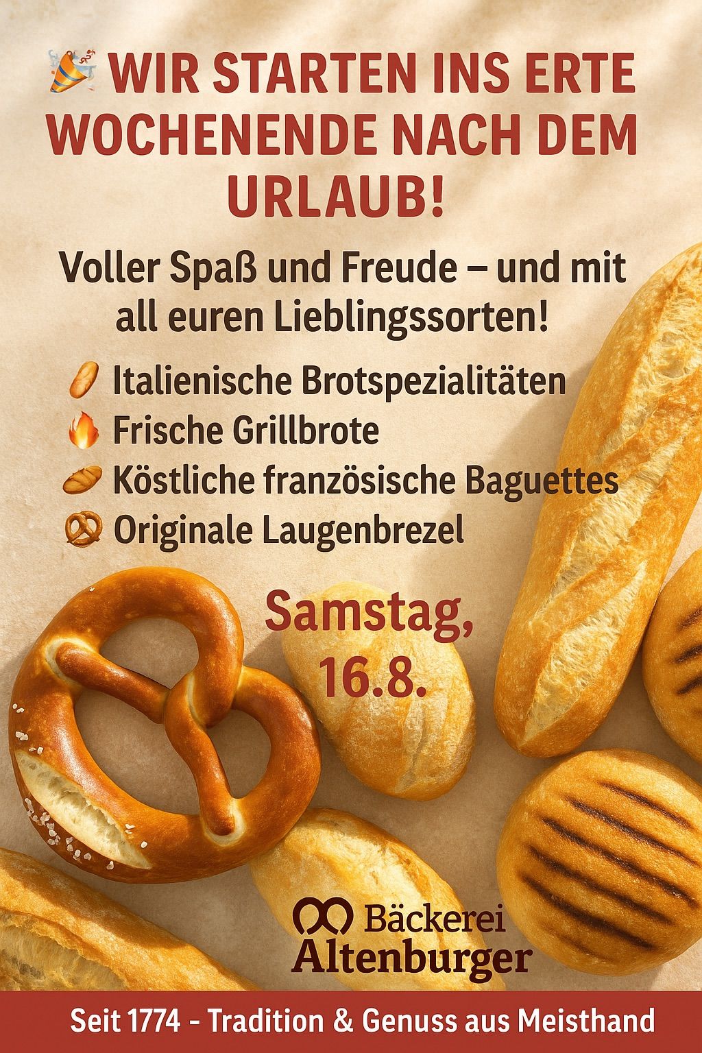 Plakat mit der Überschrift Urlaub! Voller Spaß und Freude - und mit all unseren Lieblingsartikeln. Italienische Brotspezialitäten, frisches gegrilltes Brot, klassische französische Baguettes und originale Brezeln. Datum: Samstag, 16. August. Verschiedene Arten von Brot und Brezeln werden angezeigt.