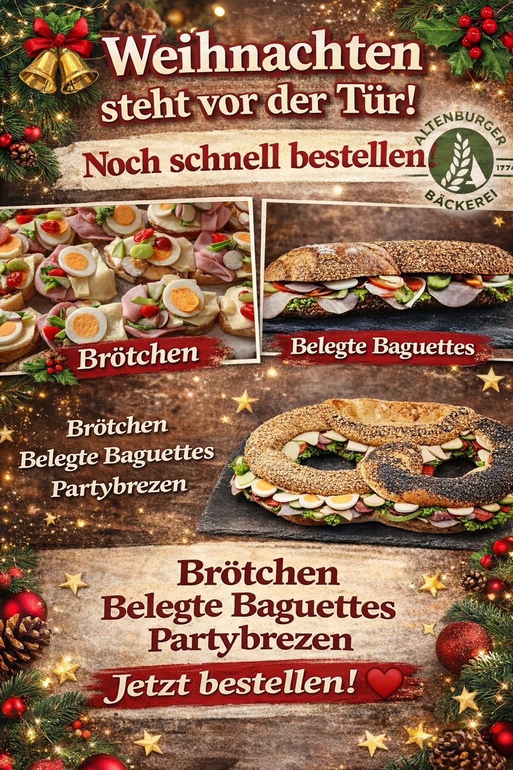 Ein Feiertags-Werbeplakat mit verschiedenen festlichen Sandwiches und Brötchen, einschließlich Eier-, Schinken- und Gemüsesandwiches, auf einem rustikalen Hintergrund. Das Bild zeigt auch ein Paar Sandwich-Brötchen.