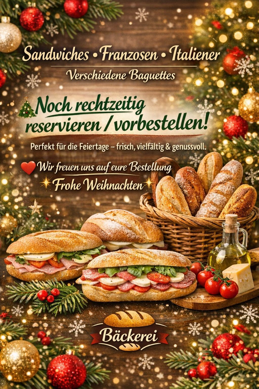 Eine Werbung für verschiedene Baguettes, perfekt für Feiertage, mit einem Korb Brot, Sandwiches, Tomaten, Käse und einer Ölflasche, mit einem Weihnachtsbaum im Hintergrund.