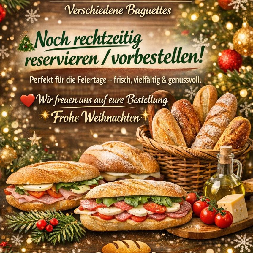 Eine Werbung für verschiedene Baguettes, perfekt für Feiertage, mit einem Korb Brot, Sandwiches, Tomaten, Käse und einer Ölflasche, mit einem Weihnachtsbaum im Hintergrund.