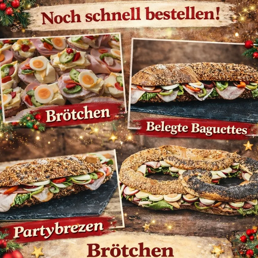 Ein festliches Bild, das verschiedene Sandwiches zeigt, darunter Brötchen, Partybrezen und Belegte Baguettes, alles mit Feiertagsdekorationen. Jedes Sandwich ist auf einem Schieferbrett mit einem festlichen Hintergrund dargestellt.