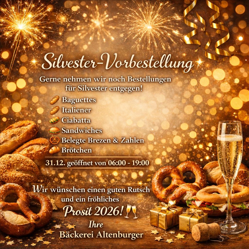 Silvester-Vorbestellung. Gerne nehmen wir noch Bestellungen für Silvester entgegen! Baguettes, Italiener, Ciabatta, Sandwiches, belegte Brötchen & Salate. Geöffnet am 31.12. von 06:00-19:00. Wir wünschen einen guten Rutsch und ein frohes Neues Jahr 2026! Ihre Bäckerei Altenburger.