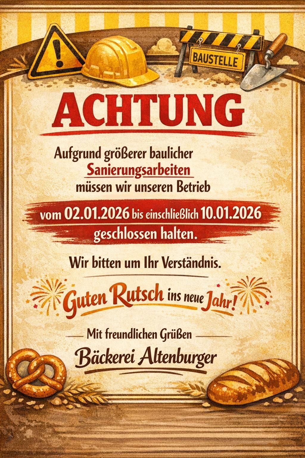 Poster mit der Ankündigung der Schließung einer Bäckerei aufgrund größerer sanitärer Arbeiten vom 02.01.2026 bis einschließlich 10.01.2026. Es wünscht einen guten Rutsch ins neue Jahr und grüßt freundlich.