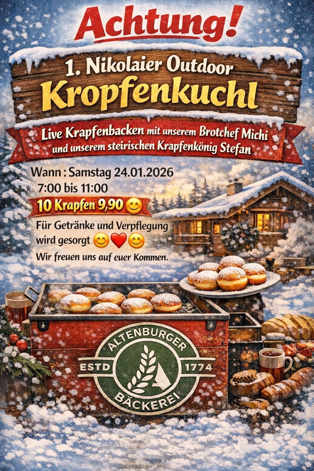Werbeposter für eine Krampenkuchl-Veranstaltung. Es zeigt eine verschneite Landschaft mit einem Haus und einigen Krapfen. Der Text lautet 'Kropfenkuchl Live Krapfenbacken' mit Terminen und Preisen. Es gibt auch ein Logo für Altenburger.