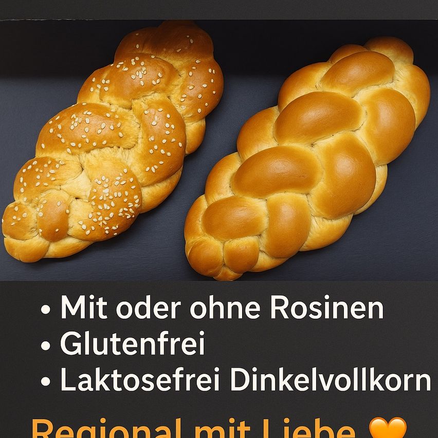 Zwei Brote, eines mit Sesam und eines ohne, vor schwarzem Hintergrund gezeigt. Darunter stehen Punkte 'Mit oder ohne Rosinen, Glutenfrei, Laktosefrei Vollkorn' und ein Herzsymbol.
