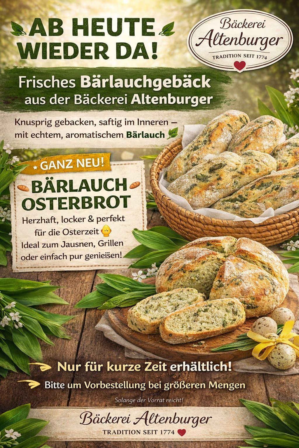 Neues knuspriges Brot, weich im Inneren, mit echtem aromatischem Bärlauch. Ideal für Ostern. Perfekt zum Einpacken, Grillen oder einfach zum Genießen.