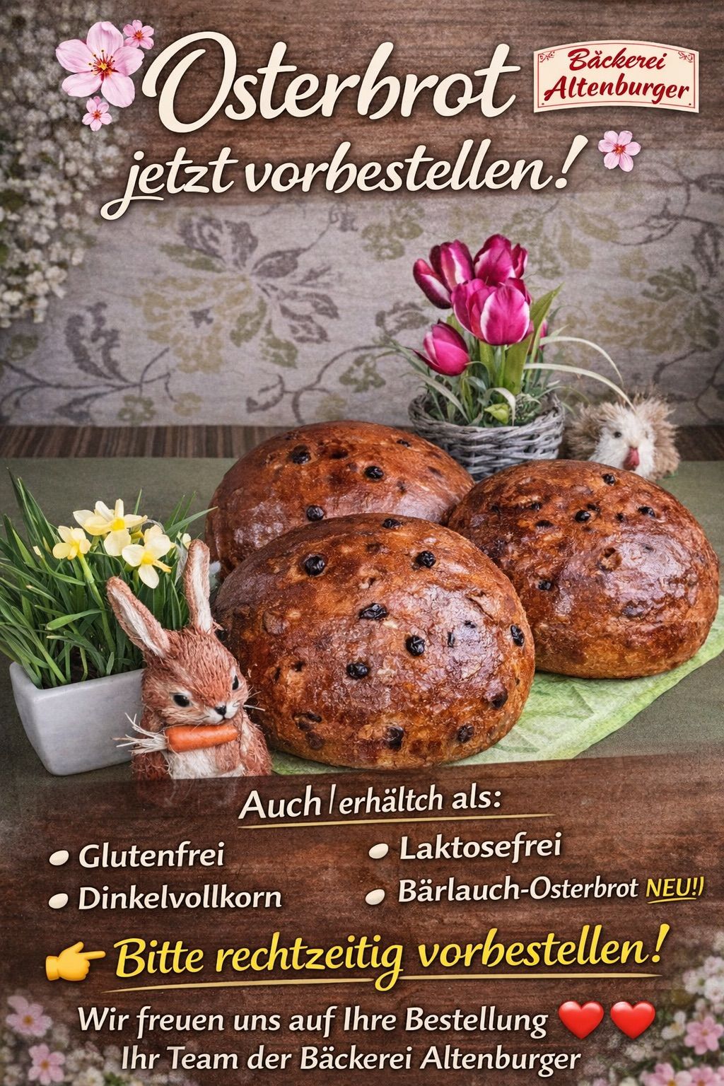 Ein Bild zeigt drei Brötchen mit Rosinen auf einem Tisch. Ein Hase hält eine Karotte, und Blumen sind im Hintergrund. Der Text hebt glutenfreie, laktosefreie und Gerste-Optionen hervor.