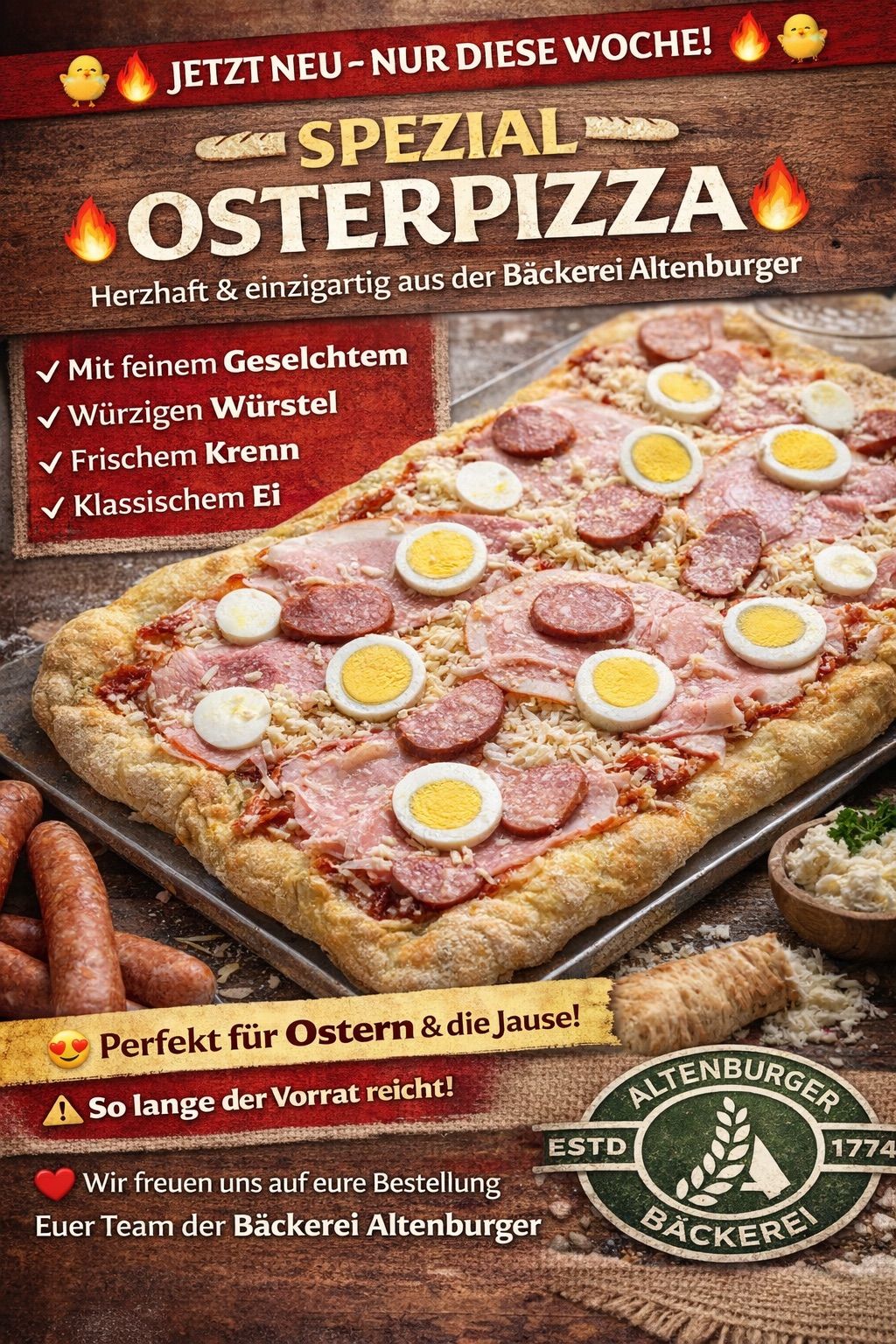 Ein Bild einer herzhaften Osterpizza mit Eiern, Schinken und Käse. Es ist von der Altenburger Bäckerei. Perfekt für Ostern.