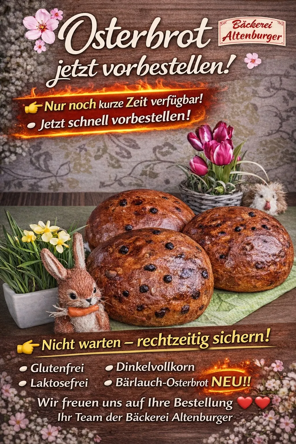 Ein Plakat mit drei Brotlaiben, einem Hasen, der eine Karotte hält, und Blumen. Das Plakat drängt zur schnellen Aktion und hebt glutenfreie und vollkornhaltige Optionen hervor. Der Hintergrund zeigt einen Flammeneffekt.