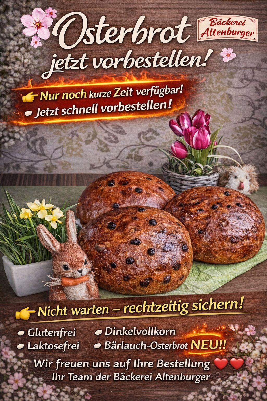 Ein Plakat mit drei Brotlaiben, einem Hasen, der eine Karotte hält, und Blumen. Das Plakat drängt zur schnellen Aktion und hebt glutenfreie und vollkornhaltige Optionen hervor. Der Hintergrund zeigt einen Flammeneffekt.