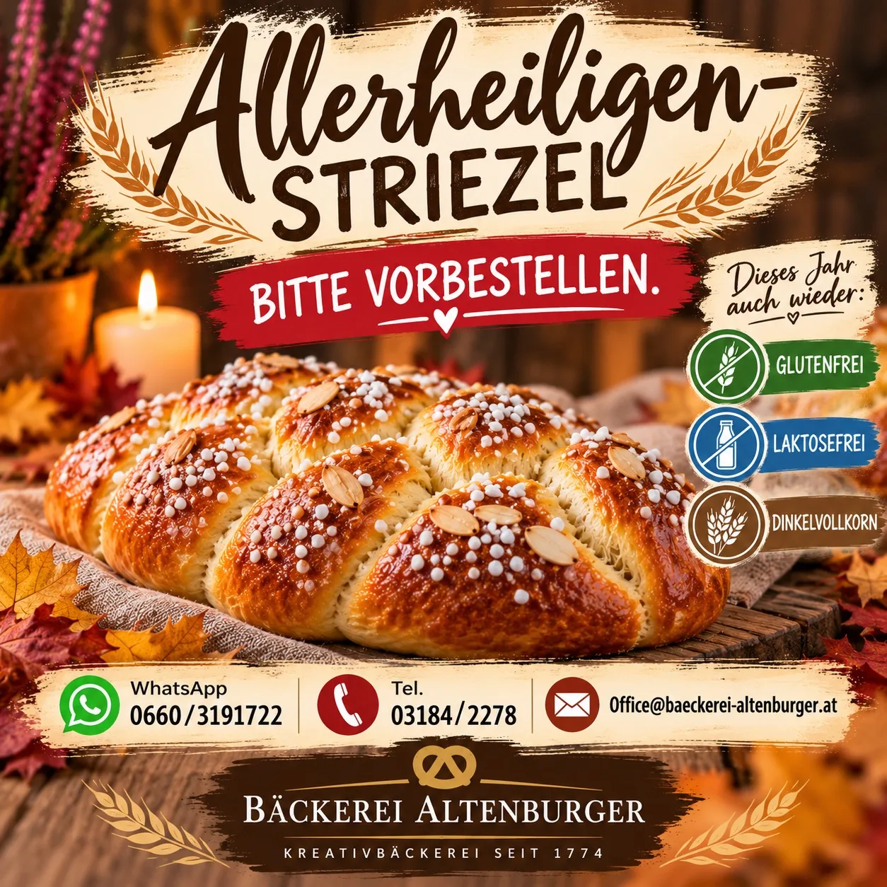 Werbung für Allerheiligen-Striezel, ein glutenfreies, laktosefreies und kohlenhydratarmes Brot. Das Brot ist geflochten und mit Mandeln bestreut.