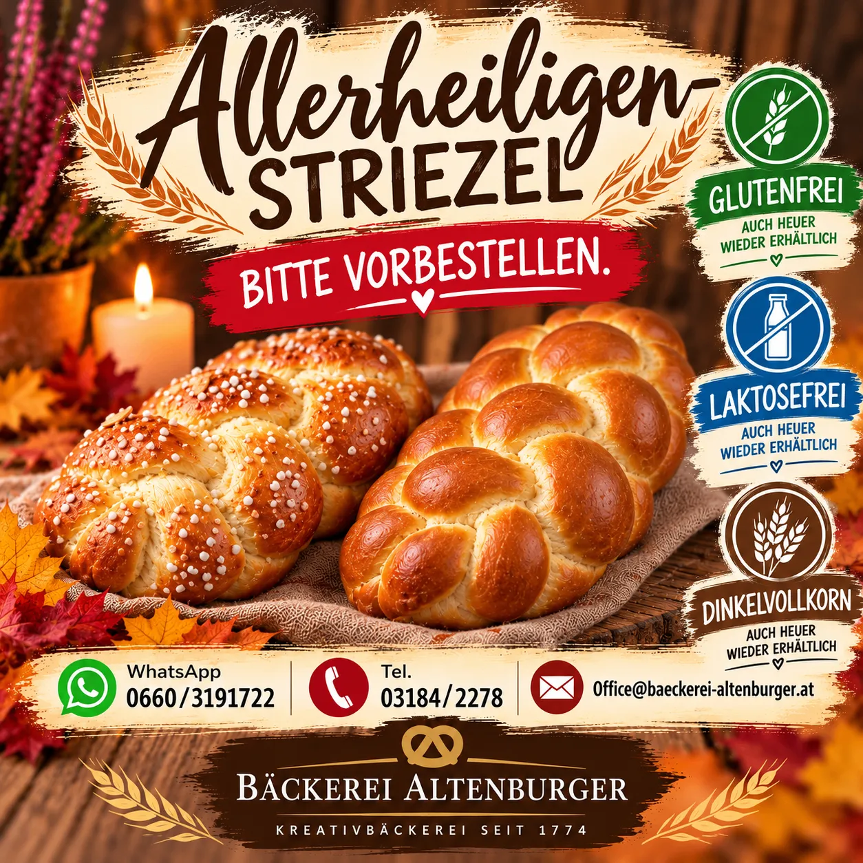 Ein Werbeplakat für Allerheiligen Striezel, eine Art Brot, mit zwei Brotlaiben und einer Kerze und Herbstblättern im Hintergrund.