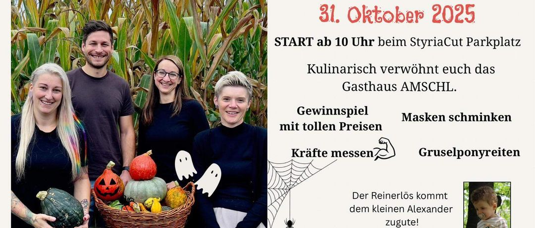 Plakat für eine Halloween-Veranstaltung im Industriepark am 31. Oktober 2020. Vier Personen in Kostümen stehen neben einem Korb voller Kürbisse und Gourden. Das Plakat enthält Details zur Veranstaltung, Startzeit und Aktivitäten.