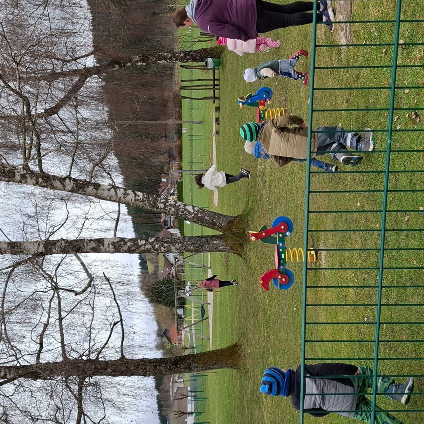 A group of children plays on a playground with various toys, under a green fence, with trees and a grassy field in the background.