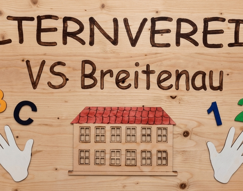 Ein Holzschild mit den Worten 'TERNVER VS Breitenau' und einer Hausillustration. Das Haus hat ein rotes Dach und mehrere Fenster. Das Schild zeigt auch zwei weiße Handillustrationen.