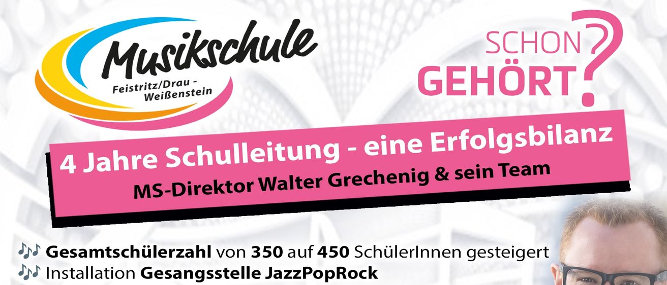 Werbeplakat für eine Musikschule in Österreich, das einen lächelnden Mann, Walter Grechenig, den Direktor, zeigt. Das Plakat hebt den Erfolg der Schule mit 4 Jahren Führung, einer wachsenden Schülerzahl und verschiedenen Musikprogrammen hervor.
