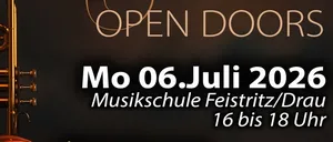 Plakat für den Tag der offenen Tür einer Musikschule mit Trompete und Geige. Veranstaltung am 6. Juli 2026, von 16 bis 18 Uhr. Bietet Infos, Beratung, Instrumententests und Instrumentenkauf. Wir freuen uns auf Ihren Besuch!