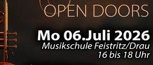 Plakat für den Tag der offenen Tür einer Musikschule mit Trompete und Geige. Veranstaltung am 6. Juli 2026, von 16 bis 18 Uhr. Bietet Infos, Beratung, Instrumententests und Instrumentenkauf. Wir freuen uns auf Ihren Besuch!