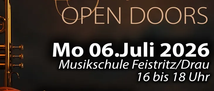 Plakat für den Tag der offenen Tür einer Musikschule mit Trompete und Geige. Veranstaltung am 6. Juli 2026, von 16 bis 18 Uhr. Bietet Infos, Beratung, Instrumententests und Instrumentenkauf. Wir freuen uns auf Ihren Besuch!