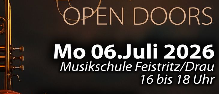 Plakat für den Tag der offenen Tür einer Musikschule mit Trompete und Geige. Veranstaltung am 6. Juli 2026, von 16 bis 18 Uhr. Bietet Infos, Beratung, Instrumententests und Instrumentenkauf. Wir freuen uns auf Ihren Besuch!