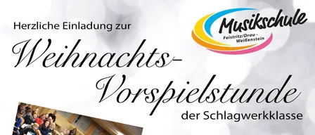 Plakat für die Aufführung der Schlagerwerkklasse am 23. Dezember 2025 um 18 Uhr in Karnten. Es zeigt junge Musiker in Anzügen, die Schlagzeug spielen und Musikinstrumente halten. Das Poster enthält mehrere Bilder der Schüler in verschiedenen Umgebungen.