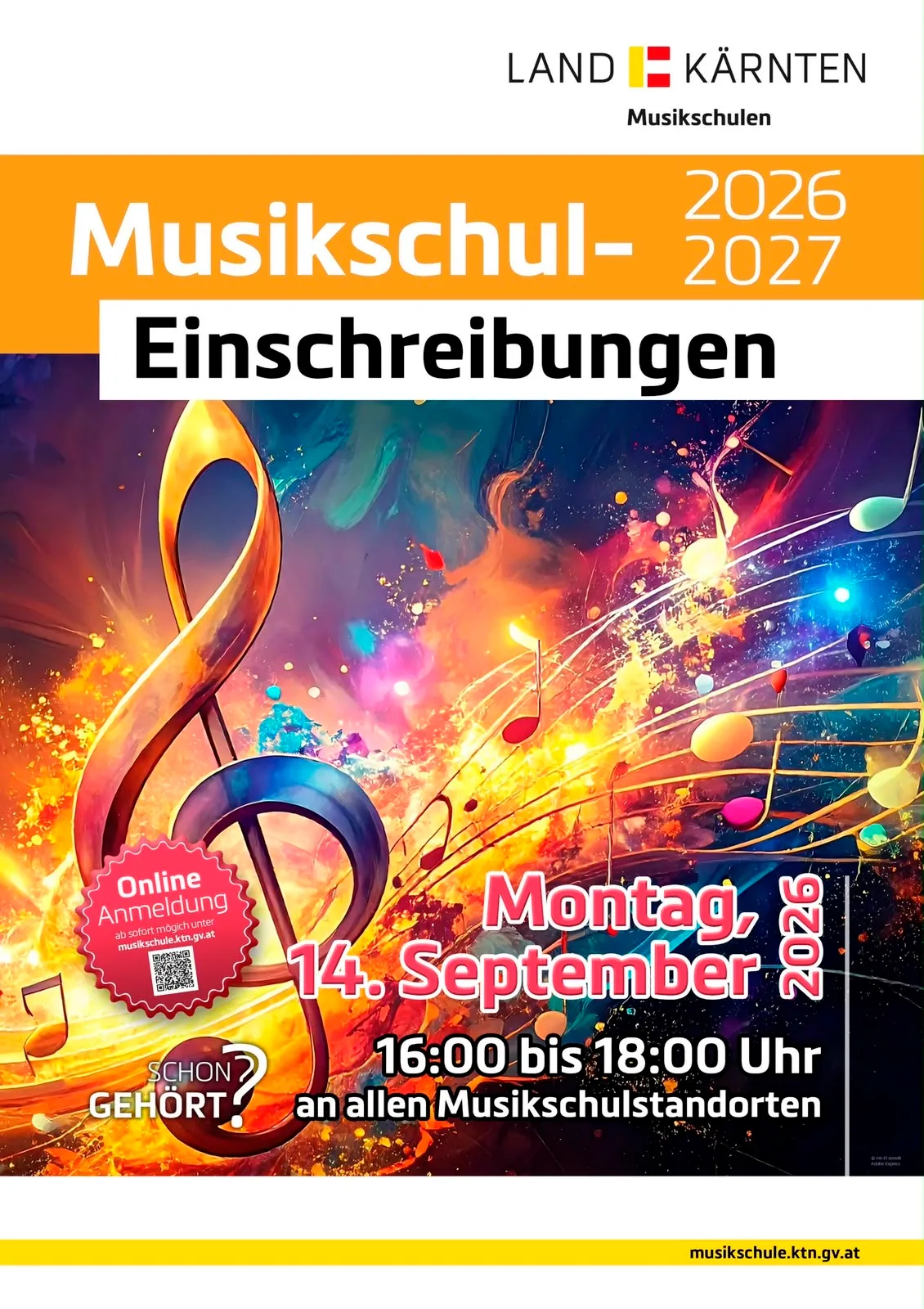 Plakat für die Anmeldungen zur Musikschule 2026-2027 mit einem farbenfrohen Musiknotenschlüssel und einem QR-Code für die Online-Anmeldung. Die Veranstaltung findet am Montag, 14. September, von 16:00 bis 18:00 Uhr an allen Musikschulstandorten statt.