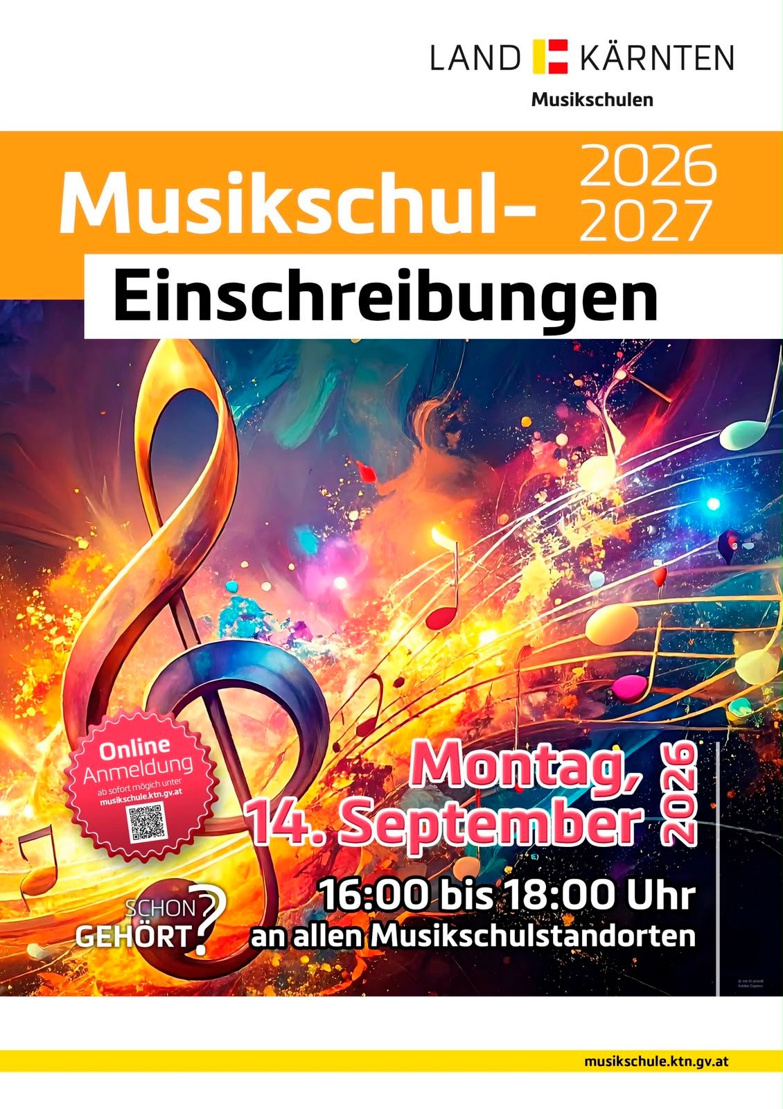 Poster for music school enrollments in 2026-2027, featuring a colorful musical note and a QR code for online registration. The event is scheduled for Monday, September 14, from 4:00 PM to 6:00 PM at all music school locations.