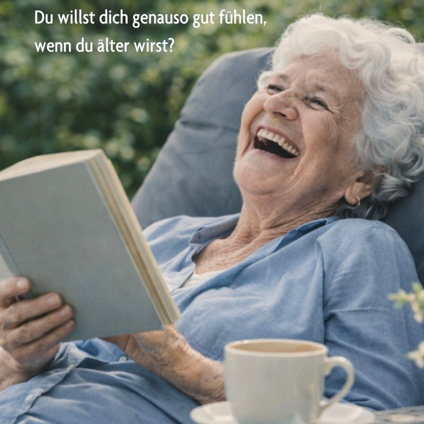 Eine ältere Frau sitzt draußen in einem Stuhl, liest ein Buch und lächelt. Vor ihr steht eine Tasse Kaffee auf einer Untertasse.